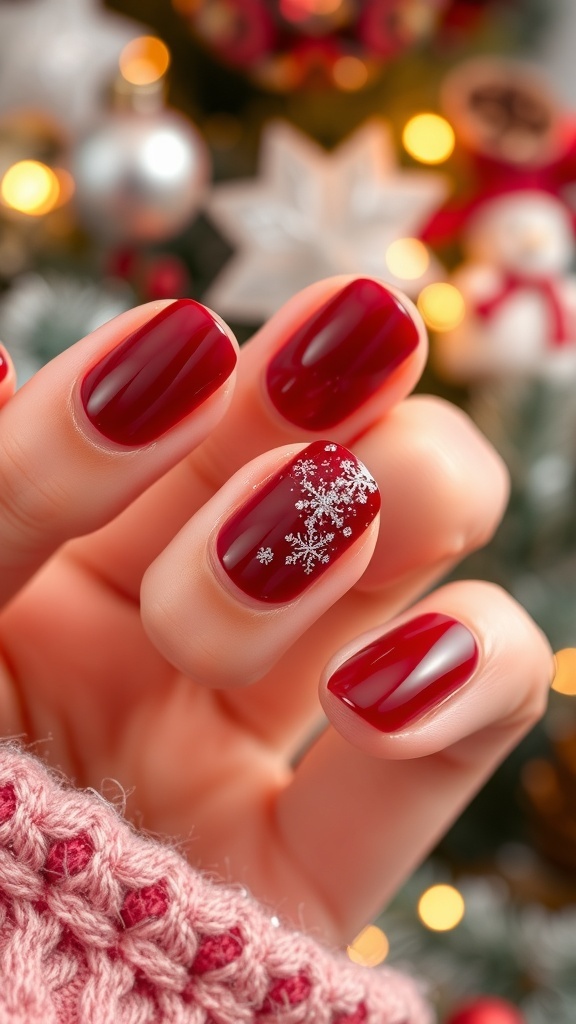 Short Dark Red Christmas Nail Art Short dark red nails with glitter accents, displayed against a festive Christmas background.